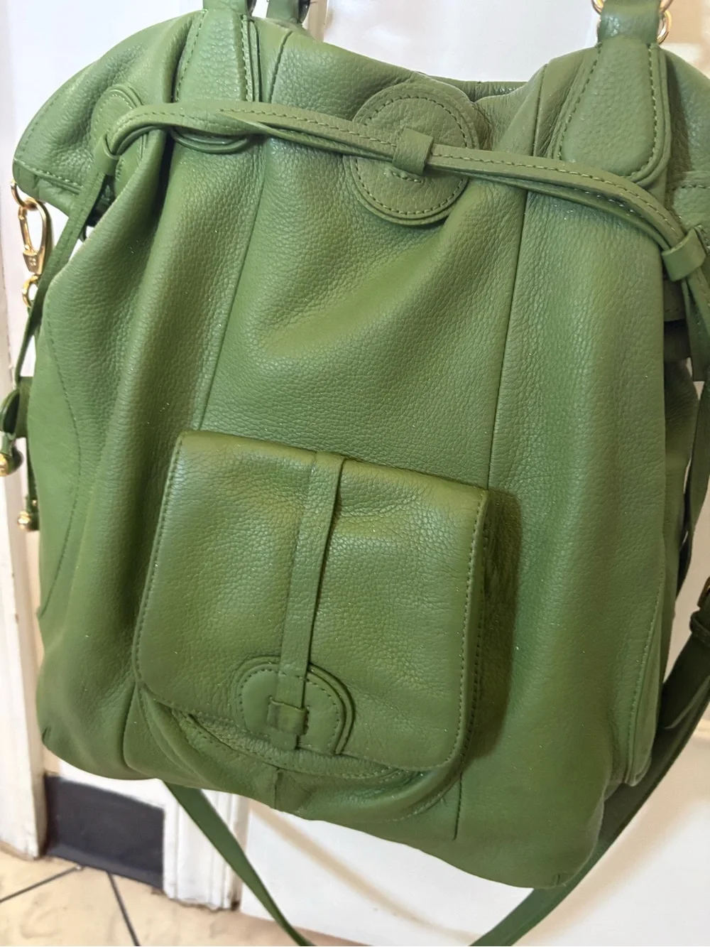 Isaac Mizrahi Olive Green Pebbled Leather Drawstring Bag